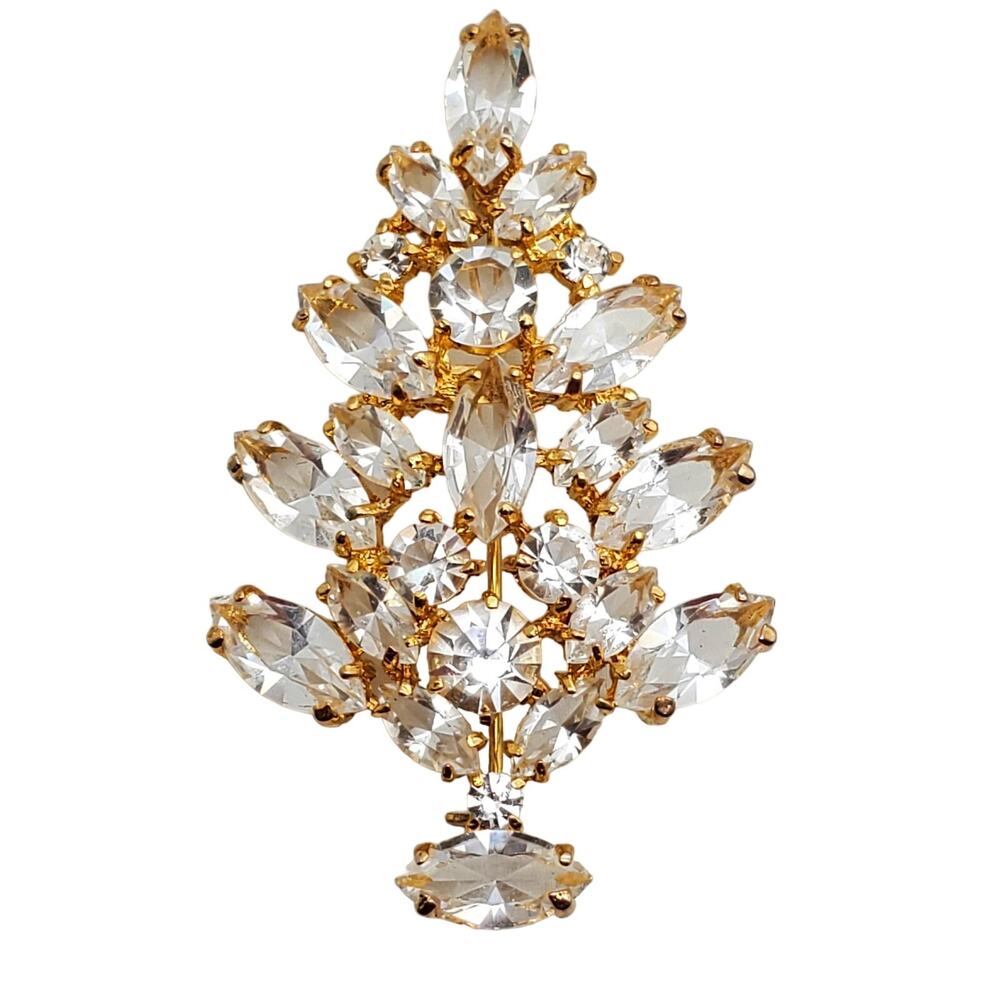 Eisenberg Ice Tree Brooch Clear Glass Stones Gold Tone Pin Pine Holiday Xmas
